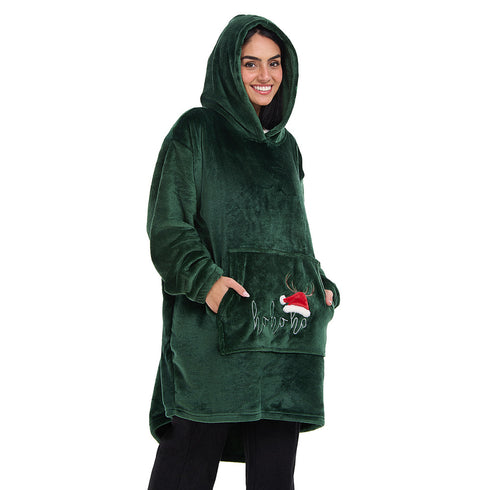 Snuggs Blanket Hoodie Dark Green Christmas Ho Ho Ho Pocket